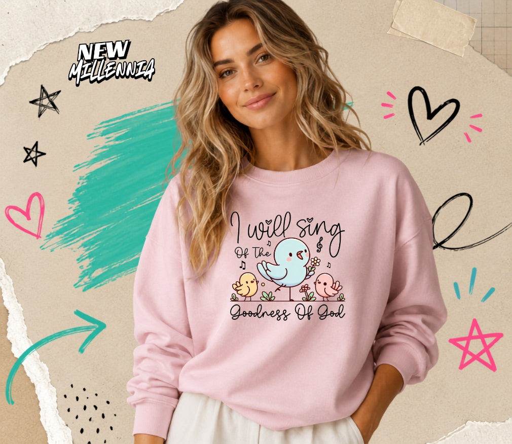 Woman wearing a pink sweatshirt with a colorful design and text on a decorative background