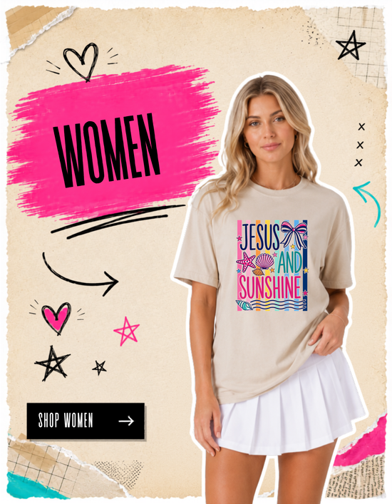 Woman wearing a t-shirt with 'Jesus and Sunshine' design, standing against a promotional background for women's clothing.